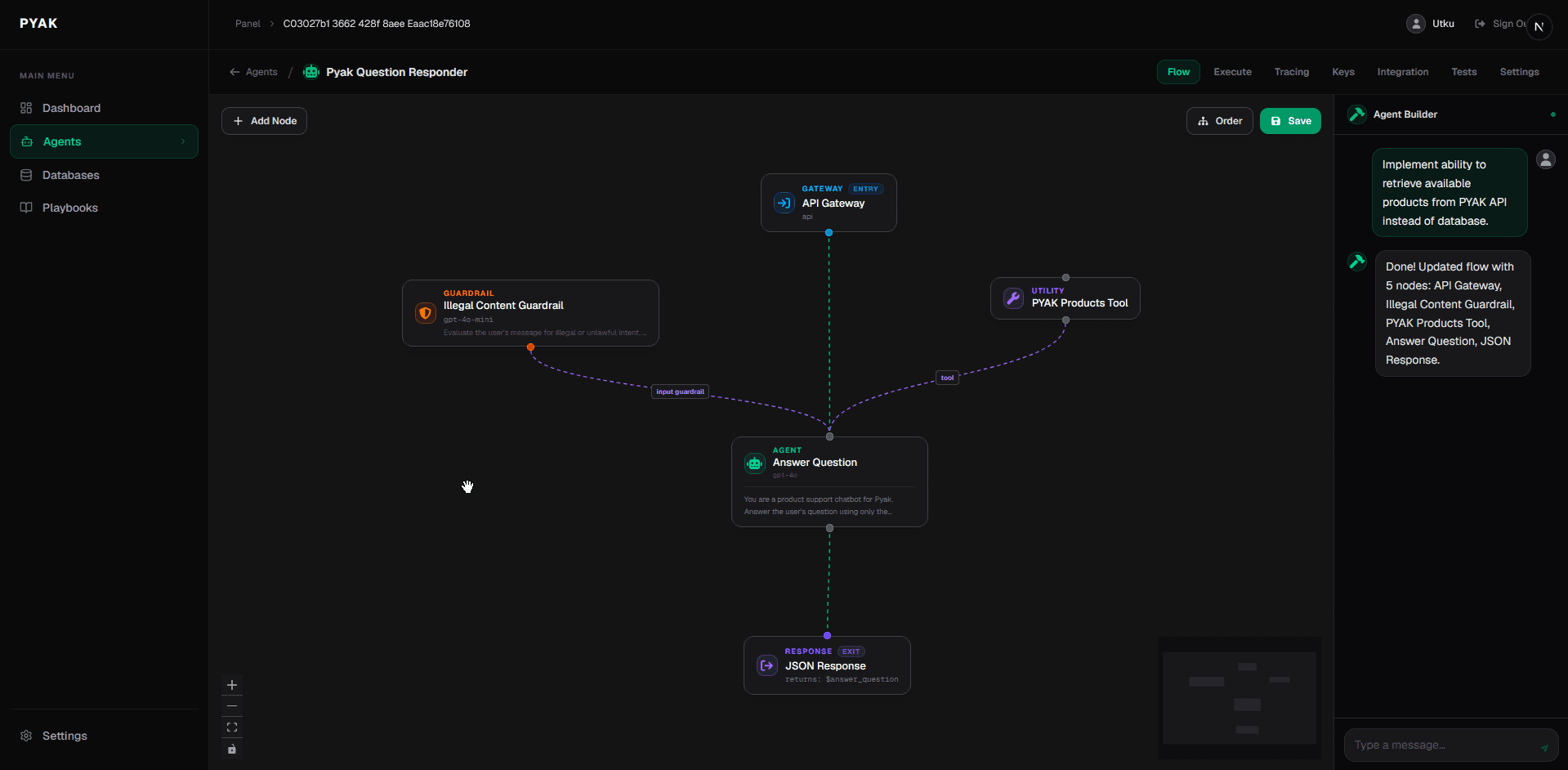 Pyak visual flow editor with Agent Builder panel open