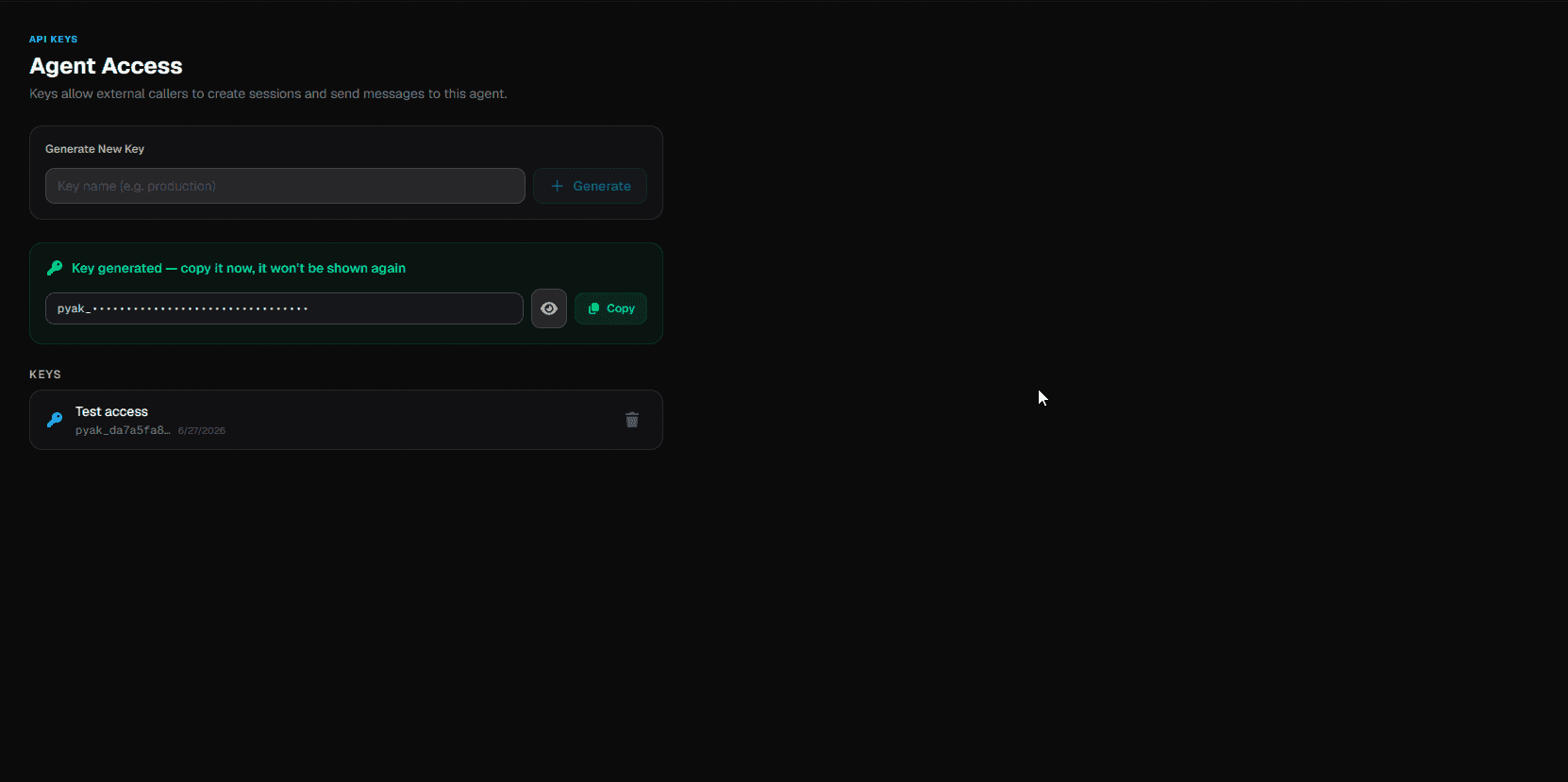Pyak API key management for a deployed agent