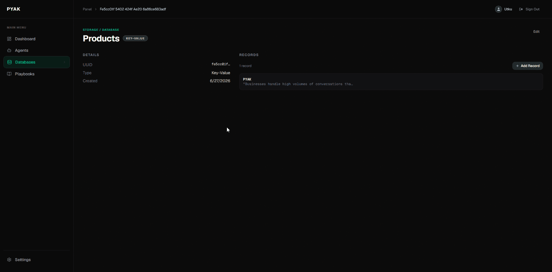 Pyak database view with product records