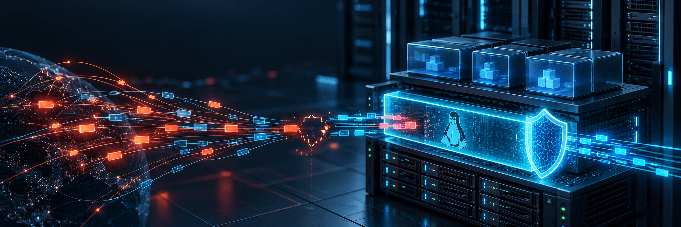 Illustration of network traffic reaching Linux servers and a protected server infrastructure after a security update.